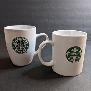 2 Starbucks Mugs White Green Siren Mermaid Logos 12oz & 12.4oz